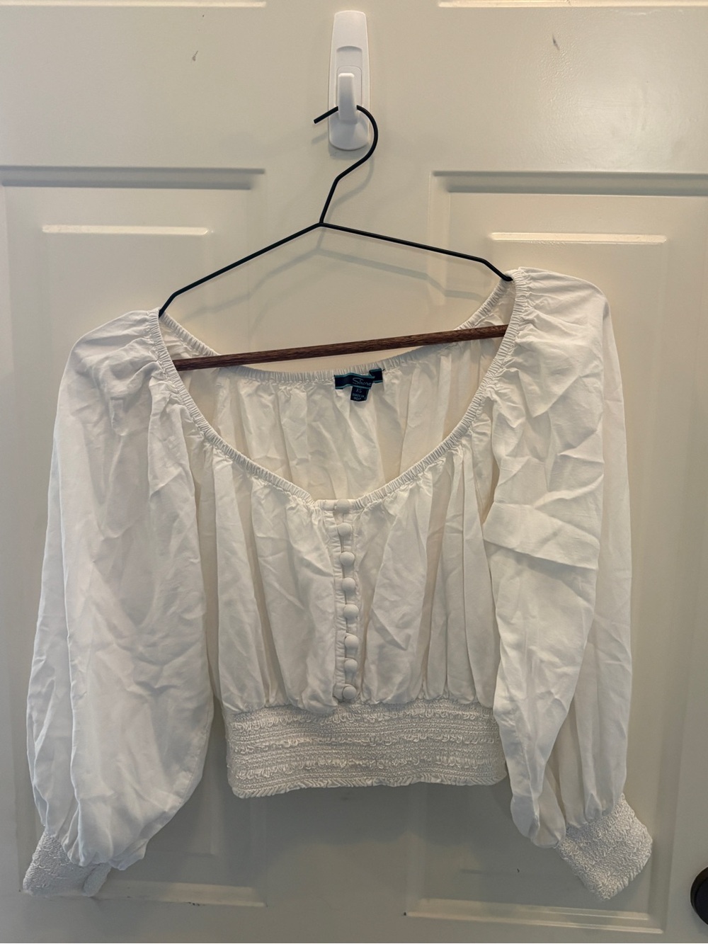 Shore Smocked Crop Blouse Long Sleeve Viscose Square Neck XS Boho Cottagecore